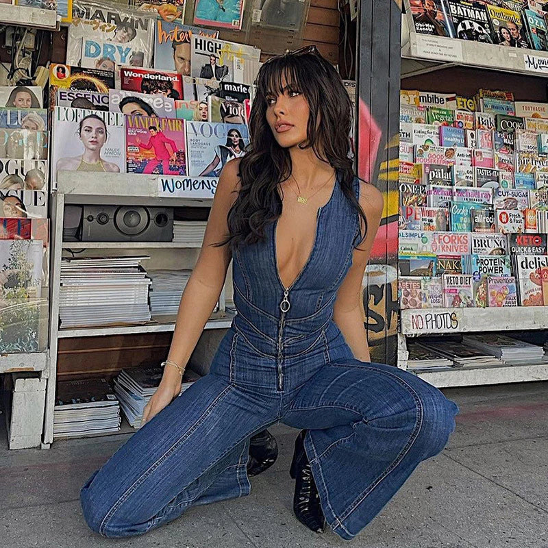Velanora - Bodycon hard denim jumpsuit with open back