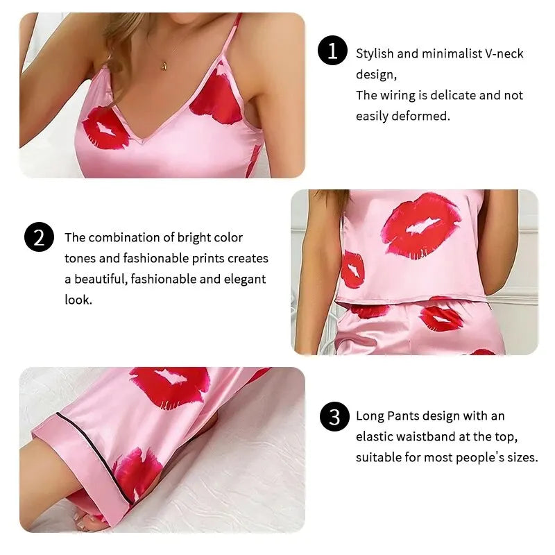 Celeste Satijnen Lippenprint Pyjamaset