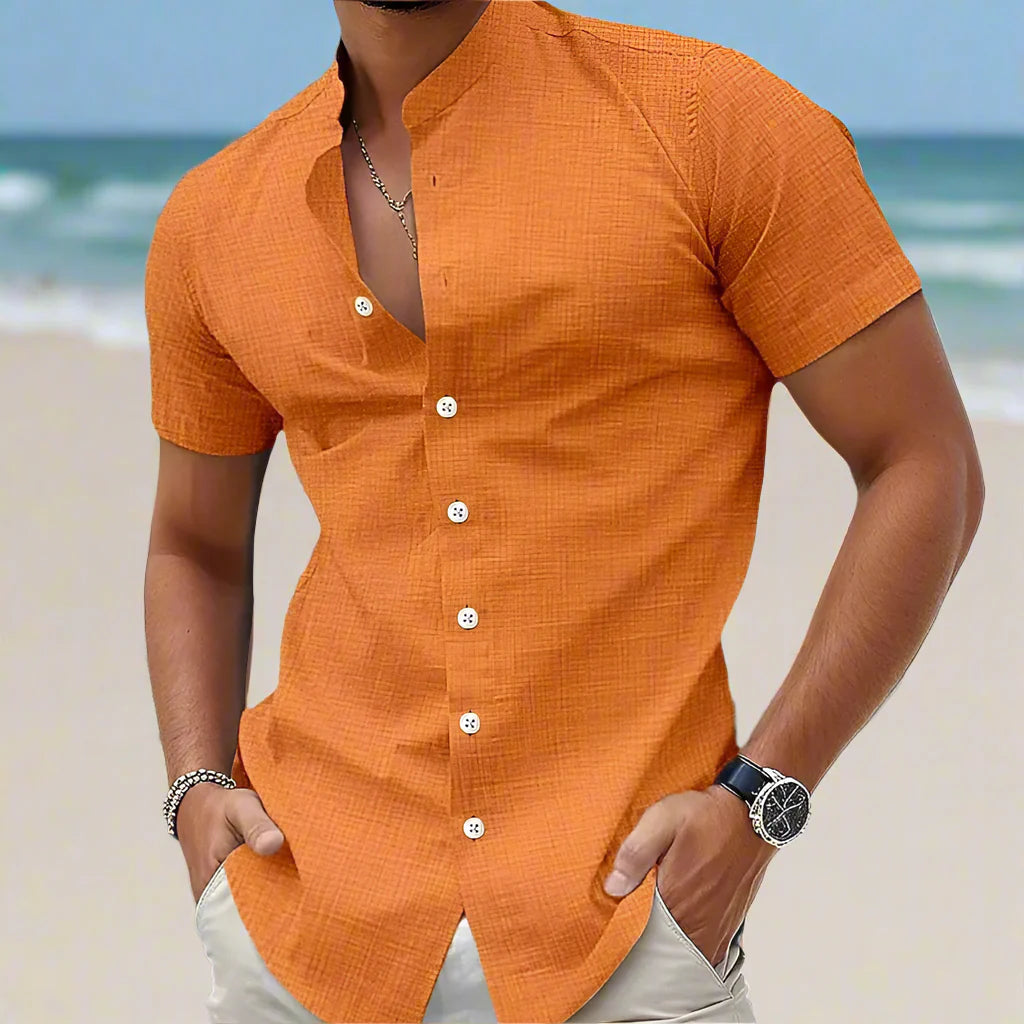 Luca | Camisa de lino para hombre con mangas cortas | Naranja