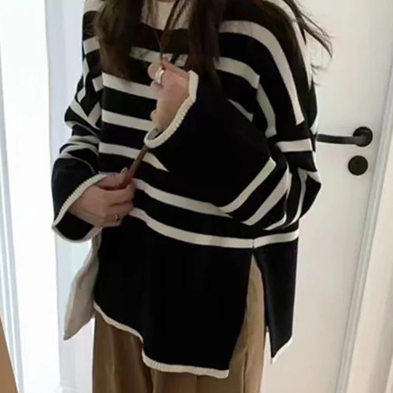 Mira | Dames Oversized Breistrui met Strepen | Abrikoos