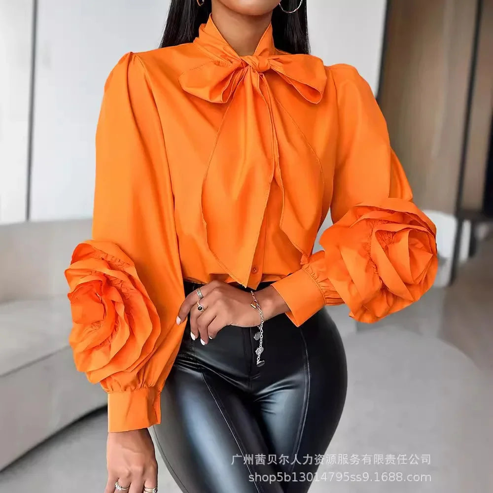 Amara | Women Floral Pattern Bow Shirt | Orange