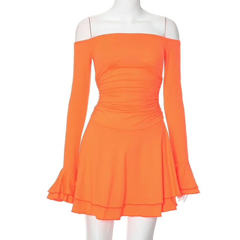 Celina | Schulterfreie Mini-Kleid mit langen Ärmeln | Orange