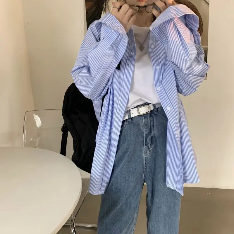Elva | Dames Oversized Gestreept Overhemd met Lange Mouwen | Blauw