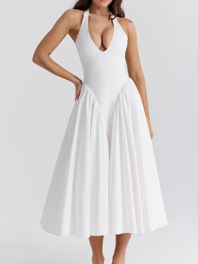 Luxurious Deep V-Neck Split Pleated Dress