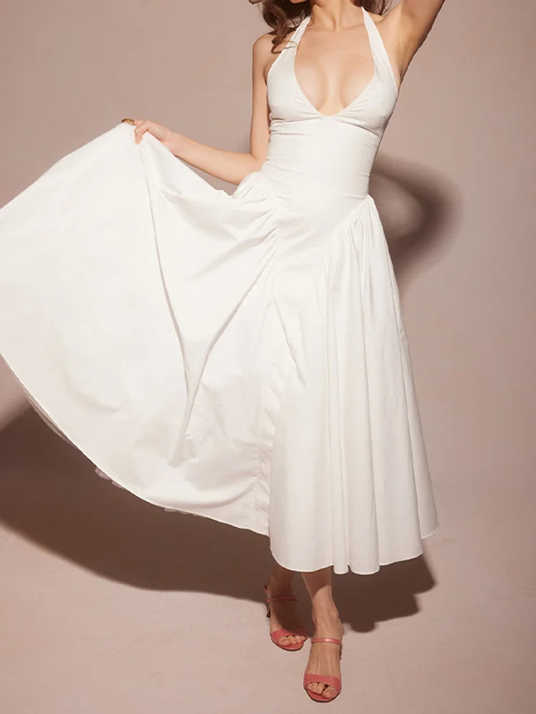 Luxurious Deep V-Neck Split Pleated Dress