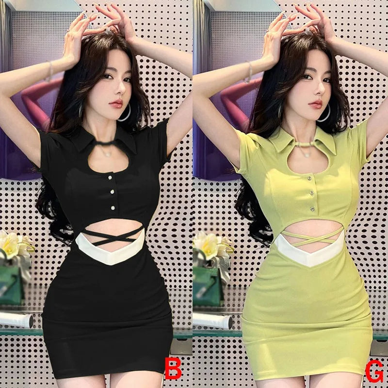 Sexy Kleur Koreaanse Jurk Met Uitsnijdingen