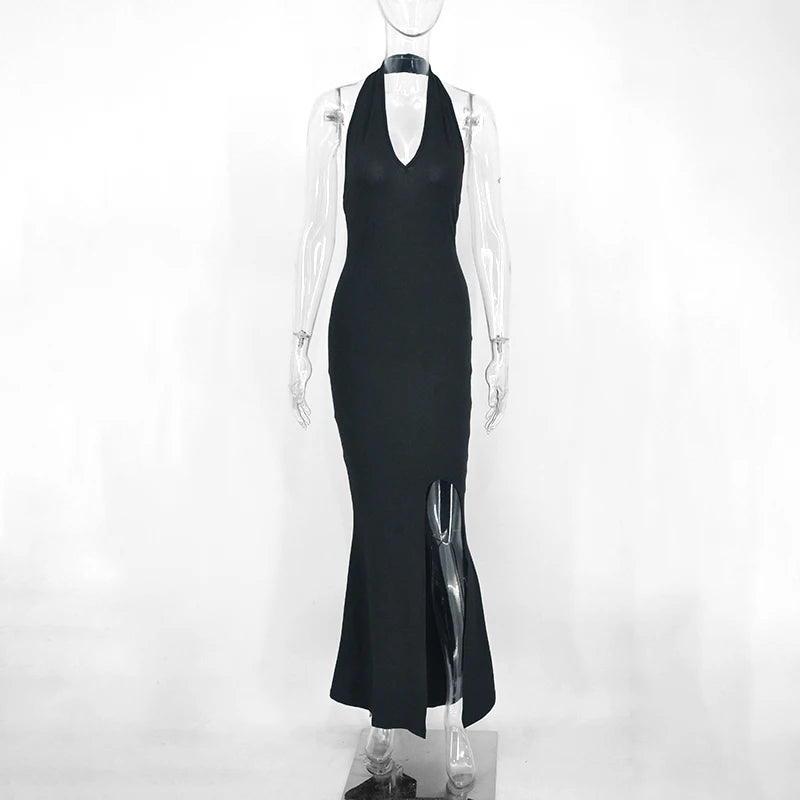 Seductive Black Maxi Dress with Split - Festive Elegance