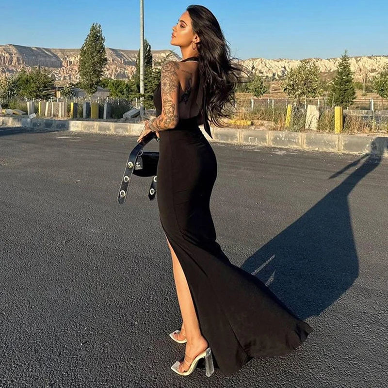 Seductive Black Maxi Dress with Split - Festive Elegance