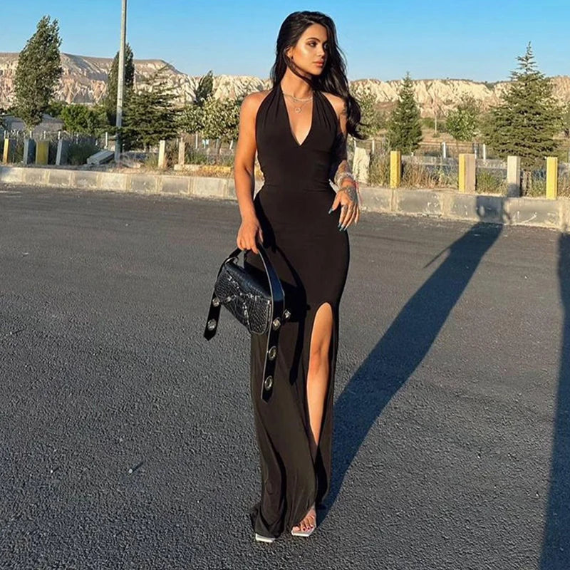 Seductive Black Maxi Dress with Split - Festive Elegance