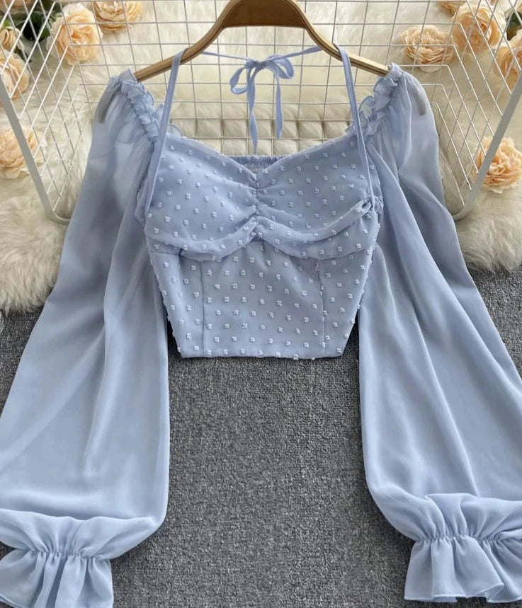 Zonnestraal Polka Dot Falten Kurze Bluse