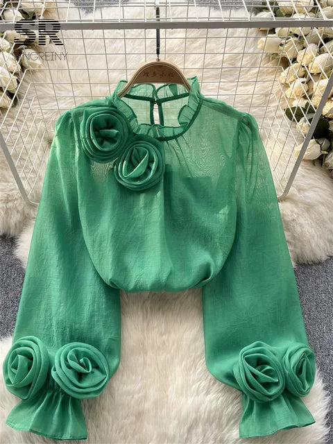 Modische Mesh-Blumenbluse