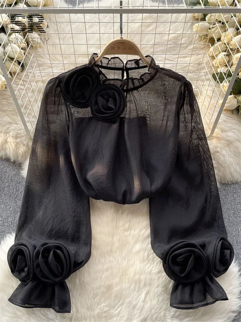 Modische Mesh-Blumenbluse