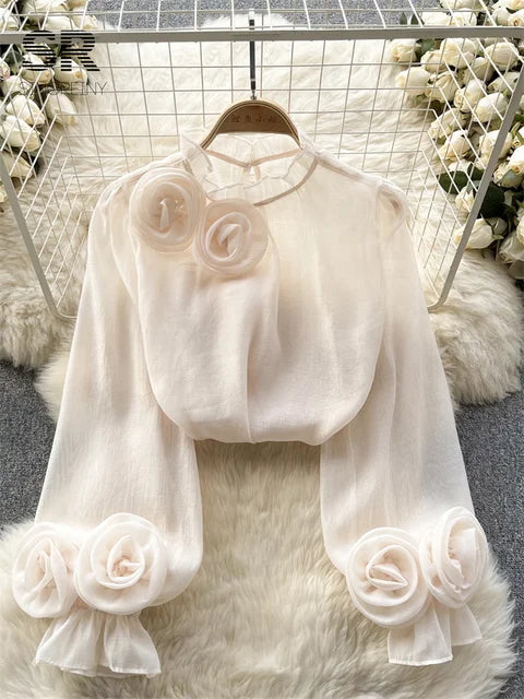 Modische Mesh-Blumenbluse
