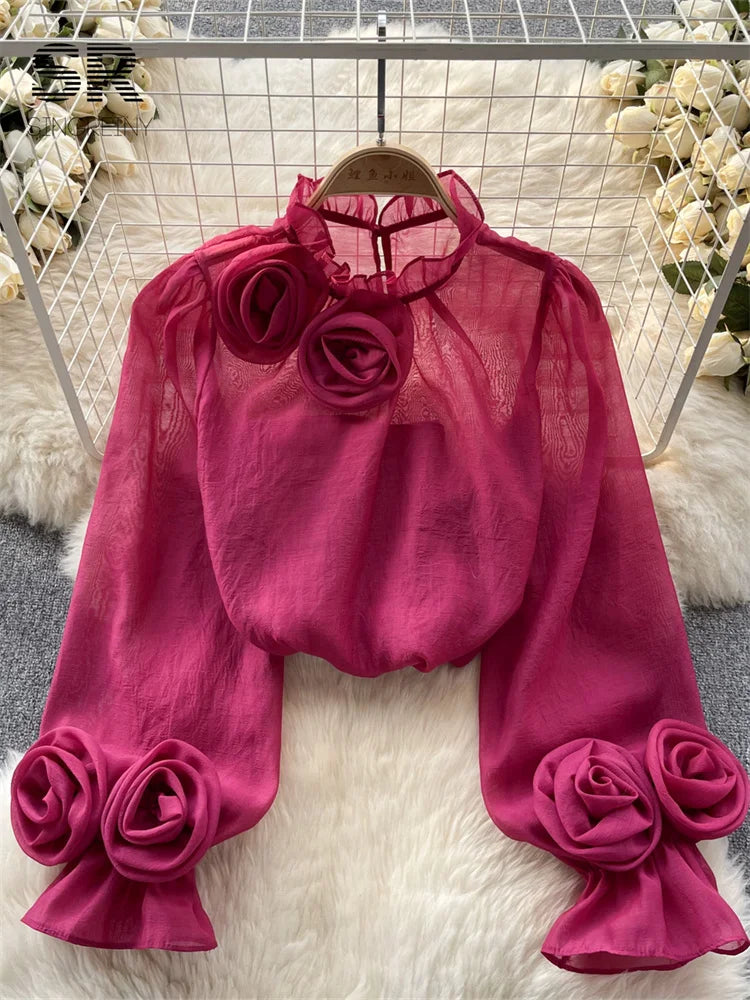 Modische Mesh-Blumenbluse