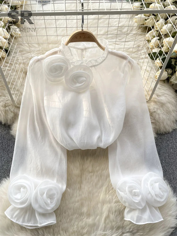 Modische Mesh-Blumenbluse