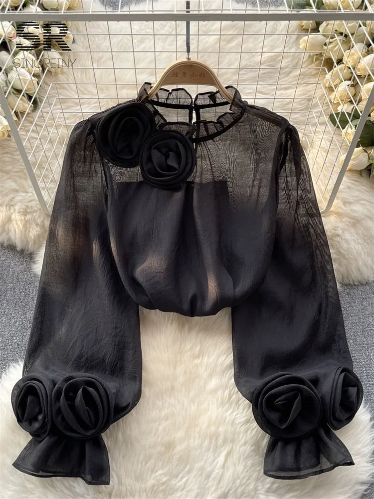 Modische Mesh-Blumenbluse