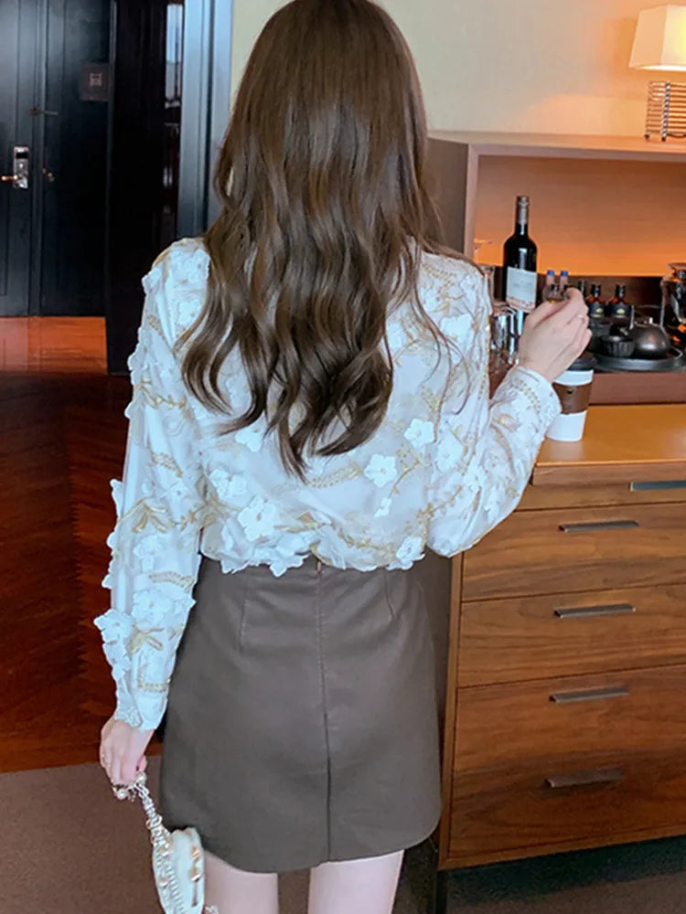 Blouse en chiffon d'automne avec fleurs 3D pour femmes