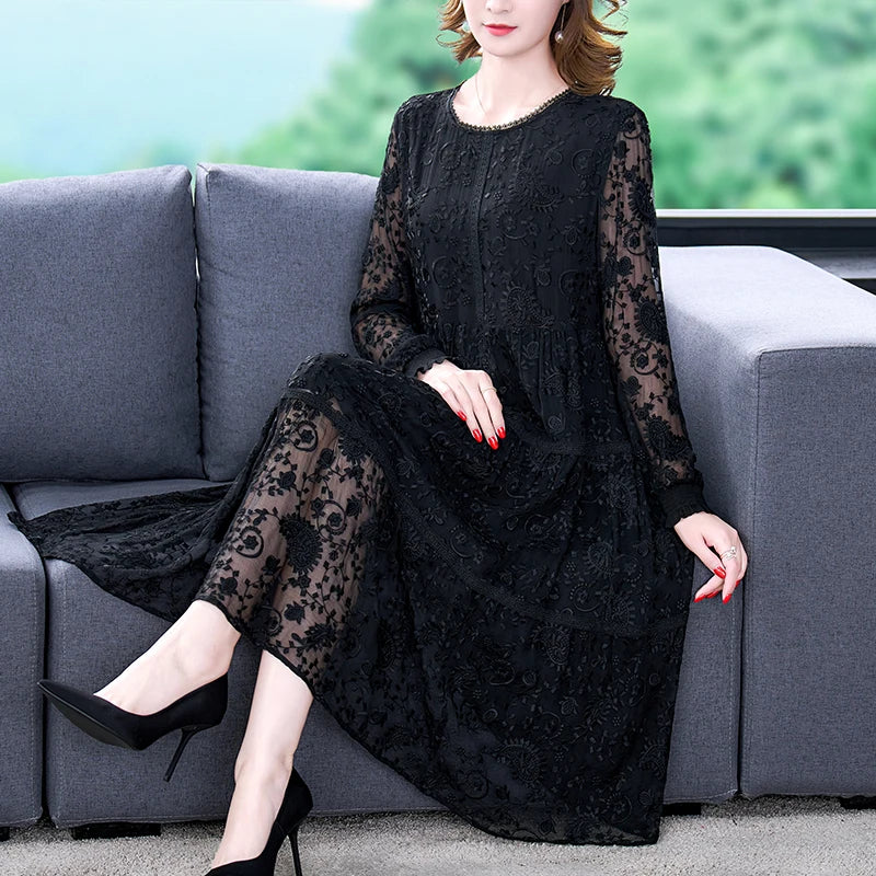 Sexy Black Lace Midi Dress with Embroidery