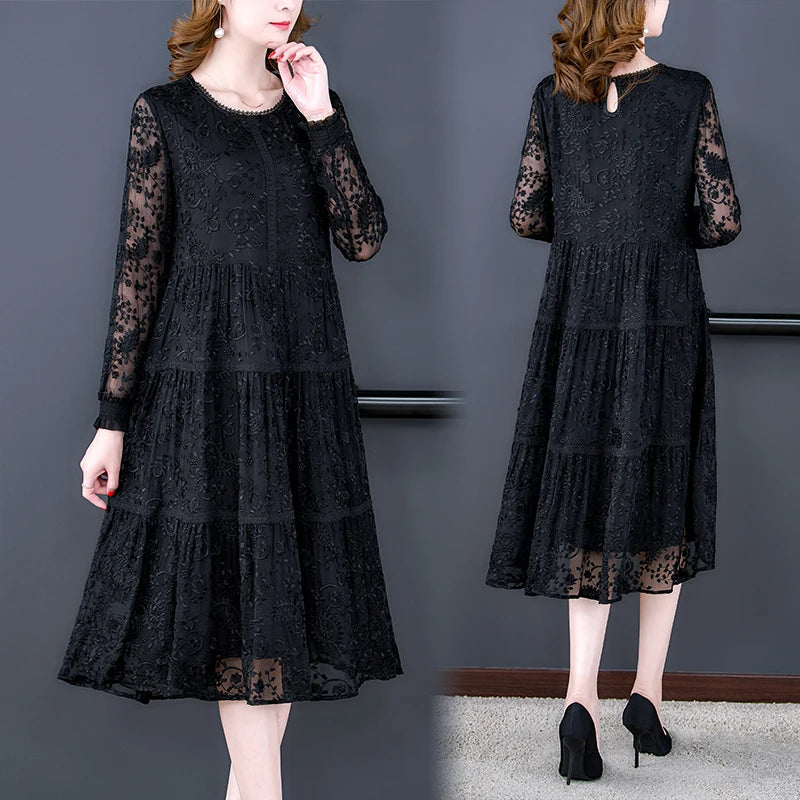 Sexy Black Lace Midi Dress with Embroidery