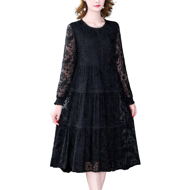 Sexy Black Lace Midi Dress with Embroidery