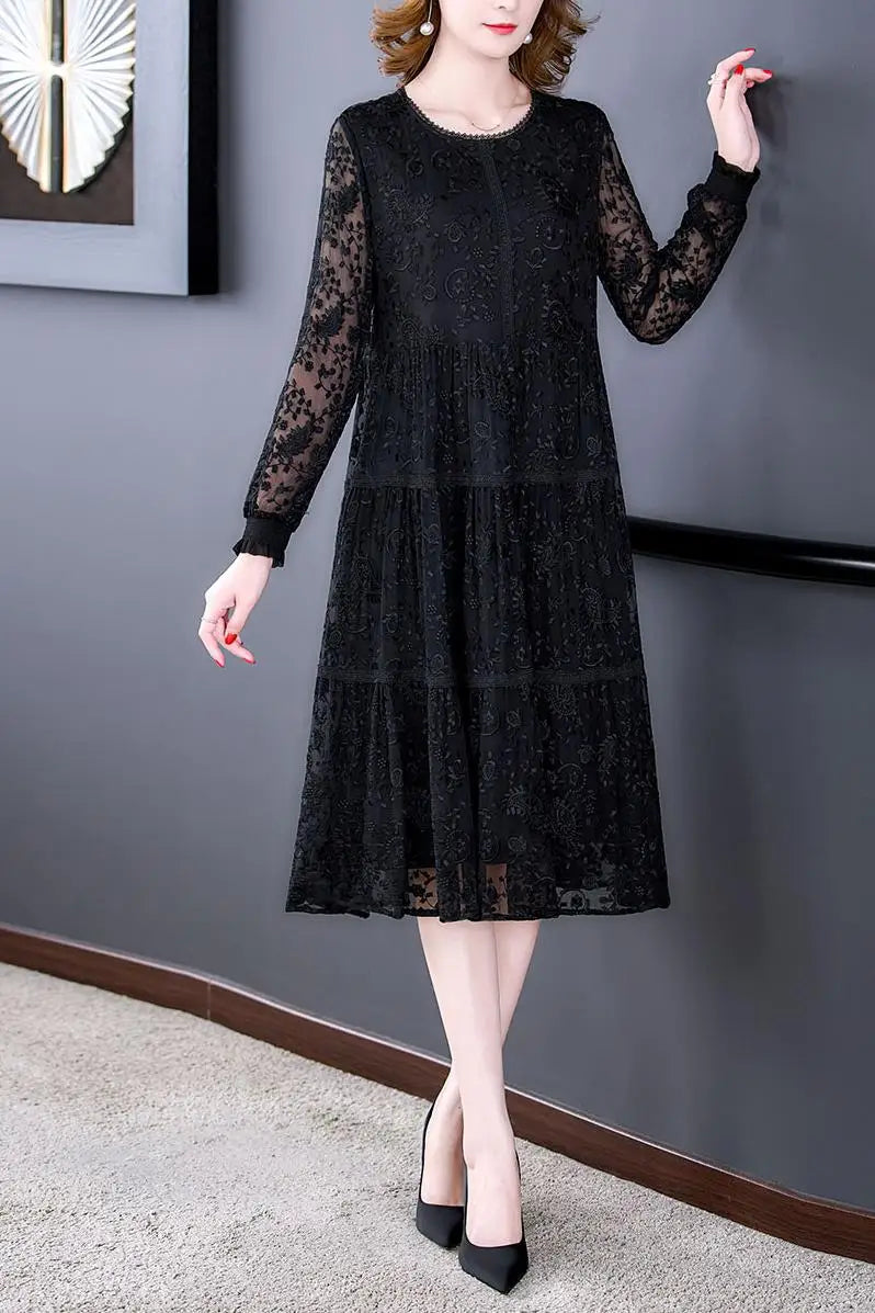 Sexy Black Lace Midi Dress with Embroidery