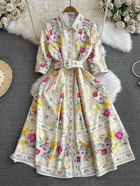 Zomerse Parel Vintage Paleis Stijl Chiffon Jurk met Turn-Down Kraag