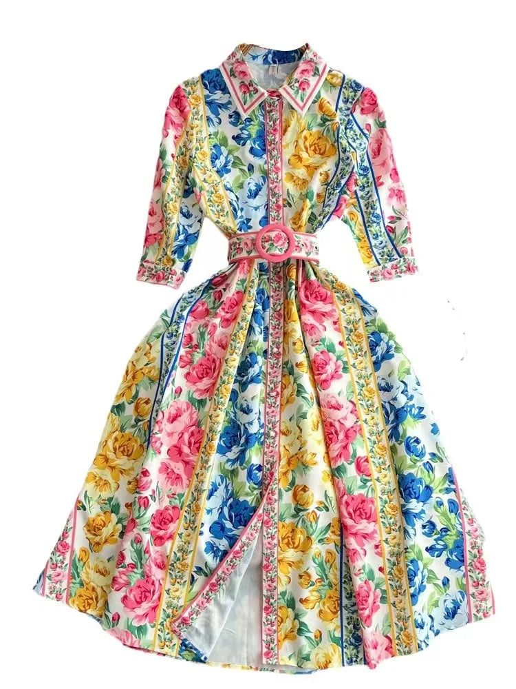 Zomerse Parel Vintage Paleis Stijl Chiffon Jurk met Turn-Down Kraag