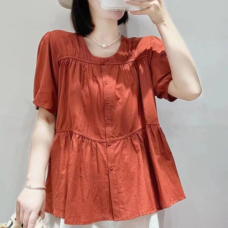 Elegant summer blouse with O-neck, bow and pleats