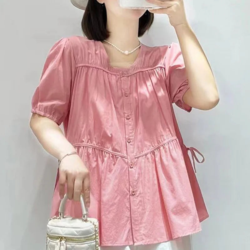 Elegant summer blouse with O-neck, bow and pleats