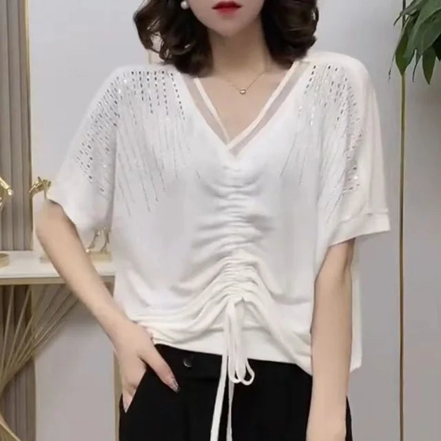 Stilvolle V-Ausschnitt Bluse mit Schleifendetail