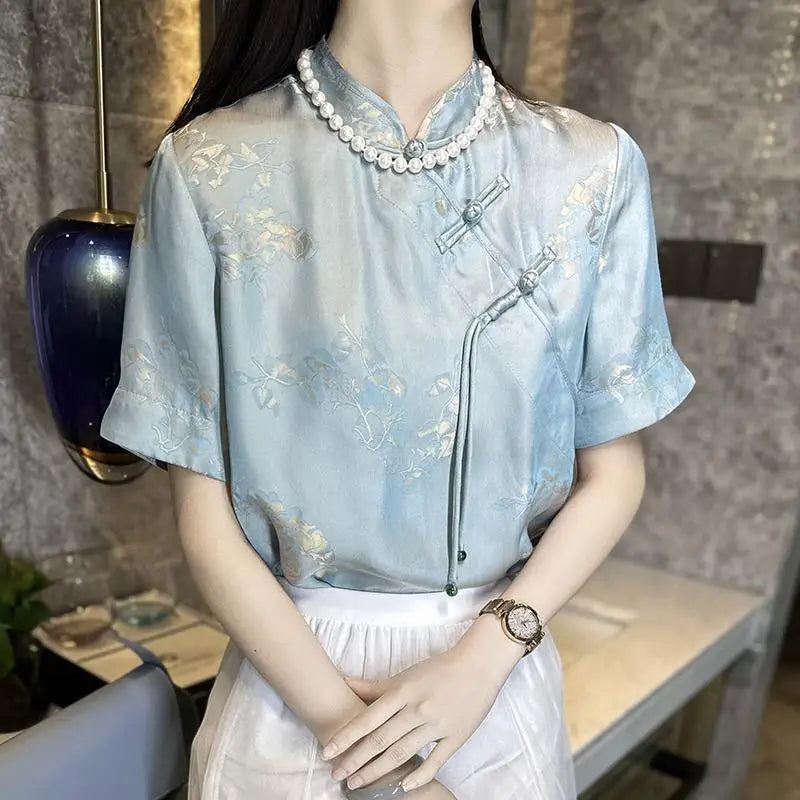 De Jade Lotus Blusa de gasa con estampado estilo chino