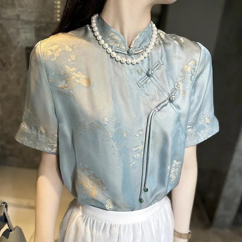 De Jade Lotus Blusa de gasa con estampado estilo chino