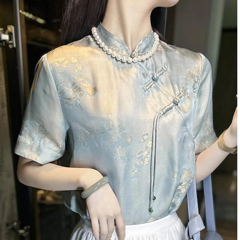 De Jade Lotus Blusa de gasa con estampado estilo chino