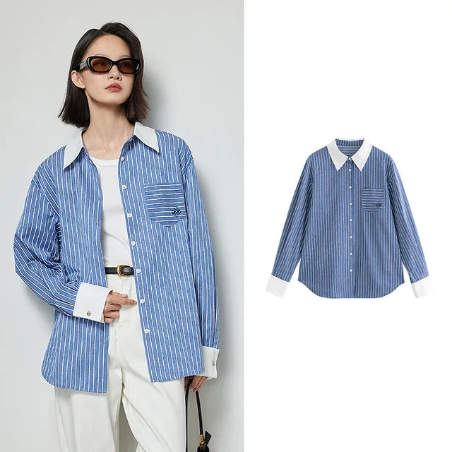 Polo a manica lunga a righe da donna con collo e camicetta larga di Toverjeugd