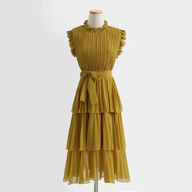 Tingfly Women's Summer Dress with Ruffles and Stand Collar