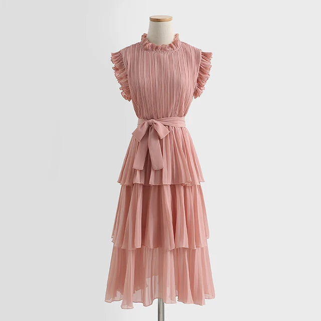 Tingfly Women's Summer Dress with Ruffles and Stand Collar