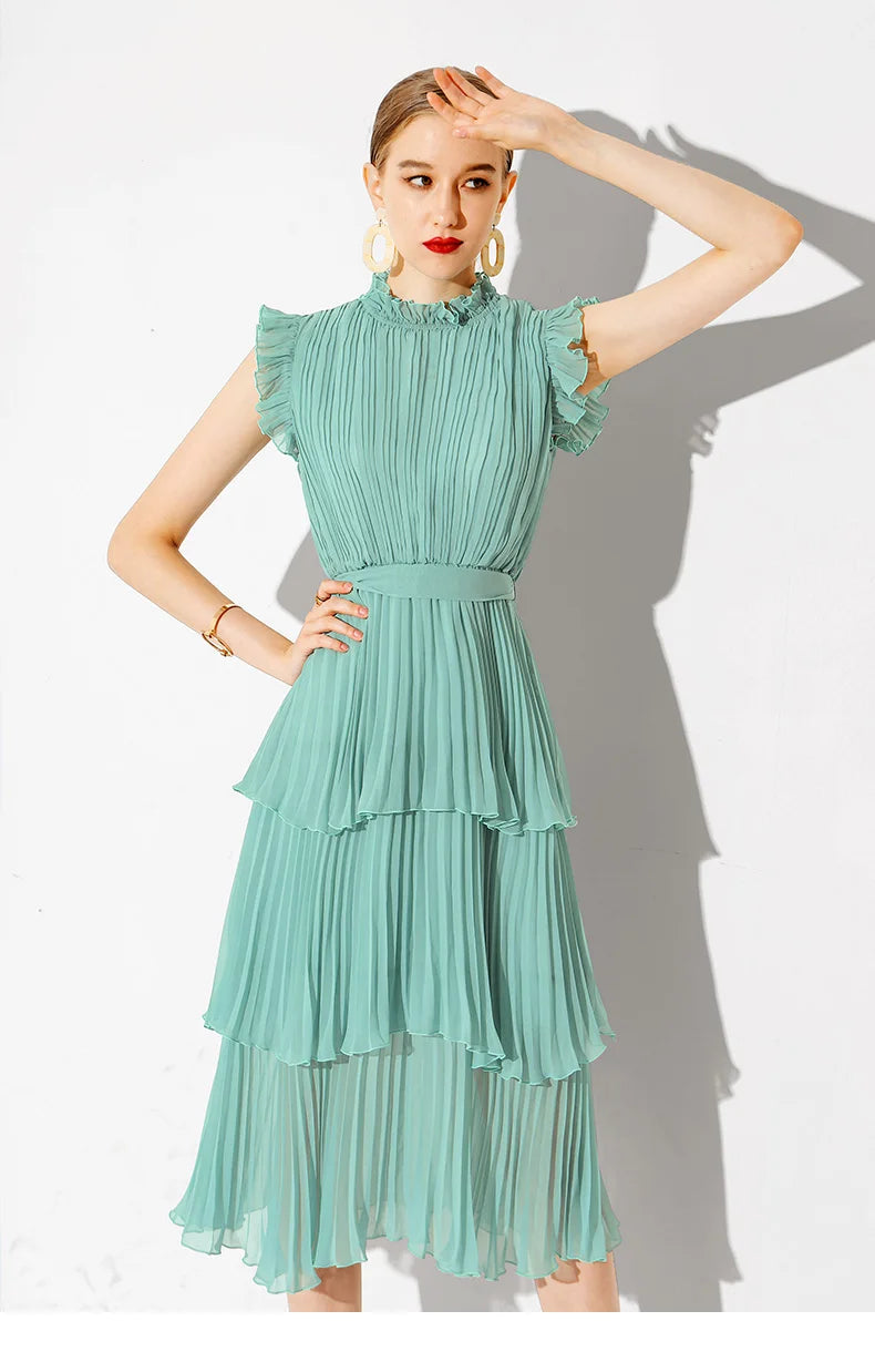 Tingfly Women's Summer Dress with Ruffles and Stand Collar