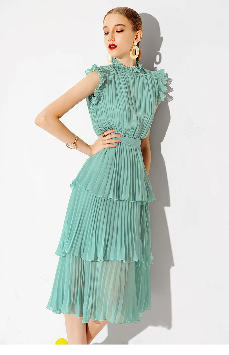 Tingfly Women's Summer Dress with Ruffles and Stand Collar