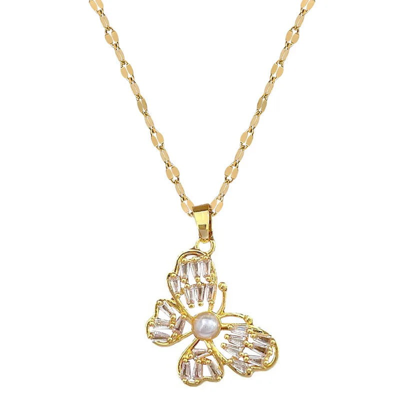 Luxe Full Zircon Pearl Butterfly Necklace