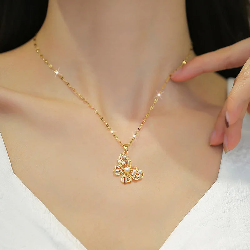 Luxe Full Zircon Pearl Butterfly Necklace