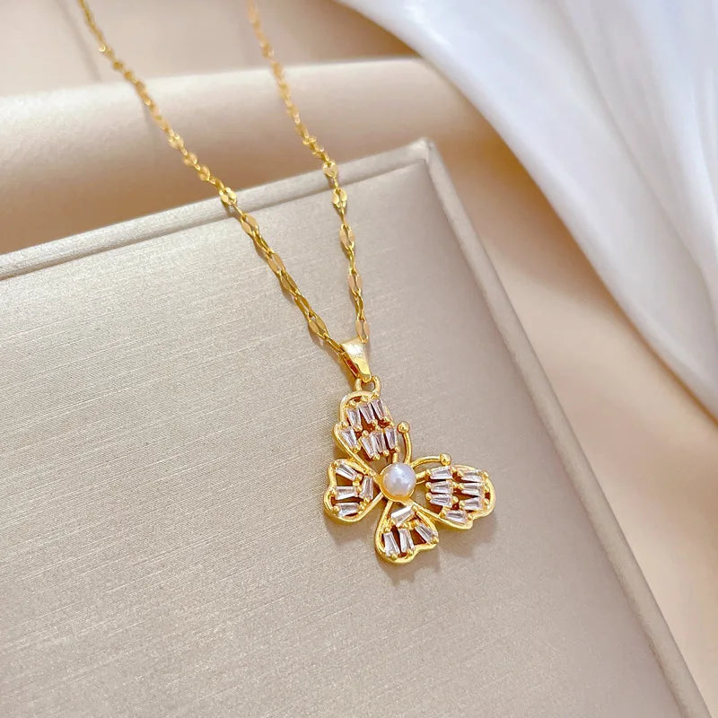 Luxe Full Zircon Pearl Butterfly Necklace