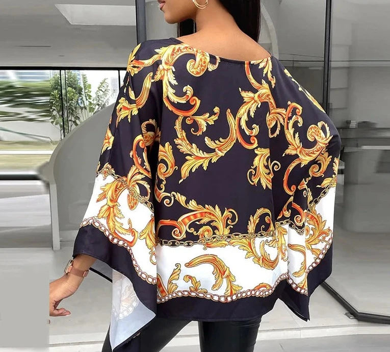 Gedrukte Ronde Hals Batwing Mouw Top voor Vrouwen