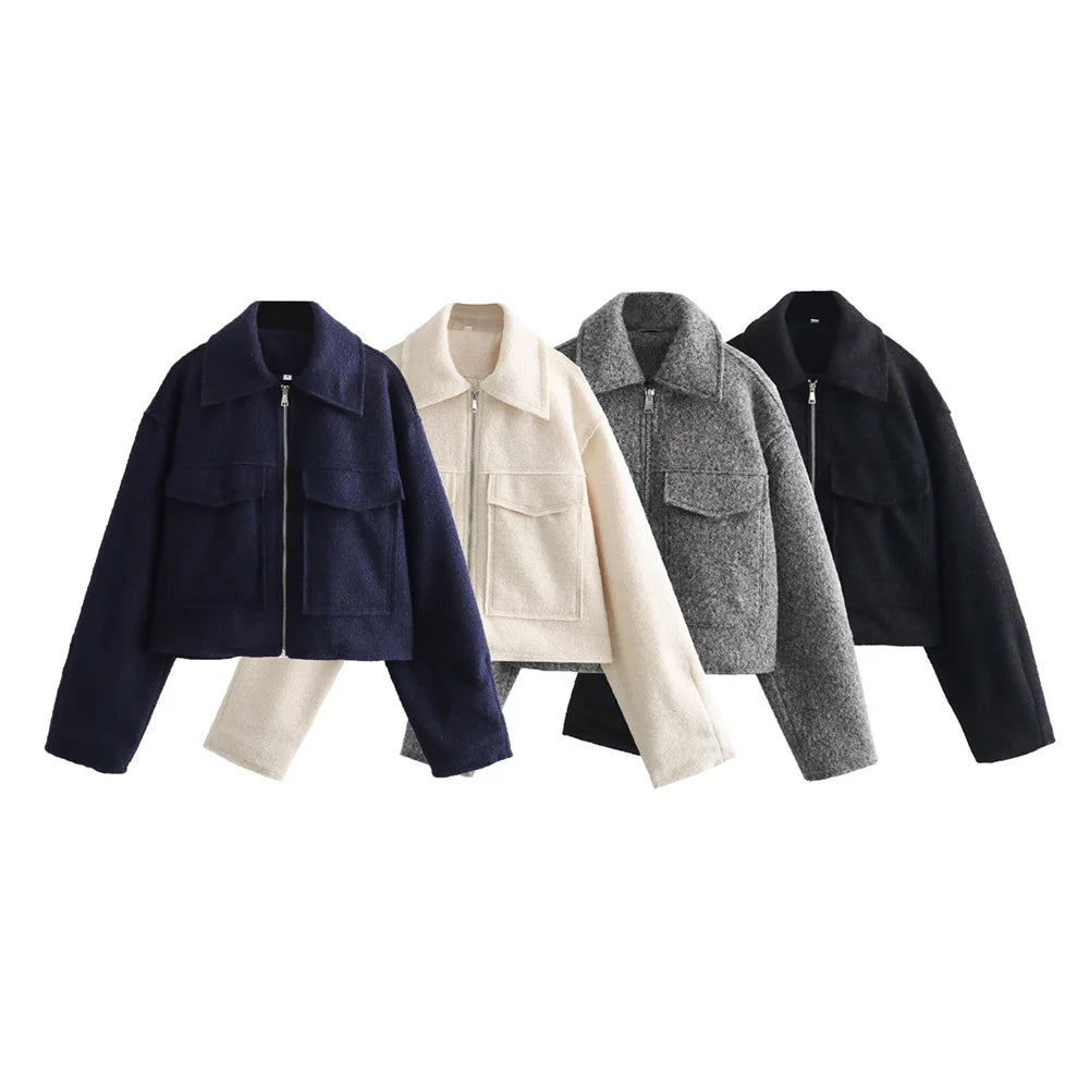 VivaChic Dames Jas met Flip Kraag en Patch Tas