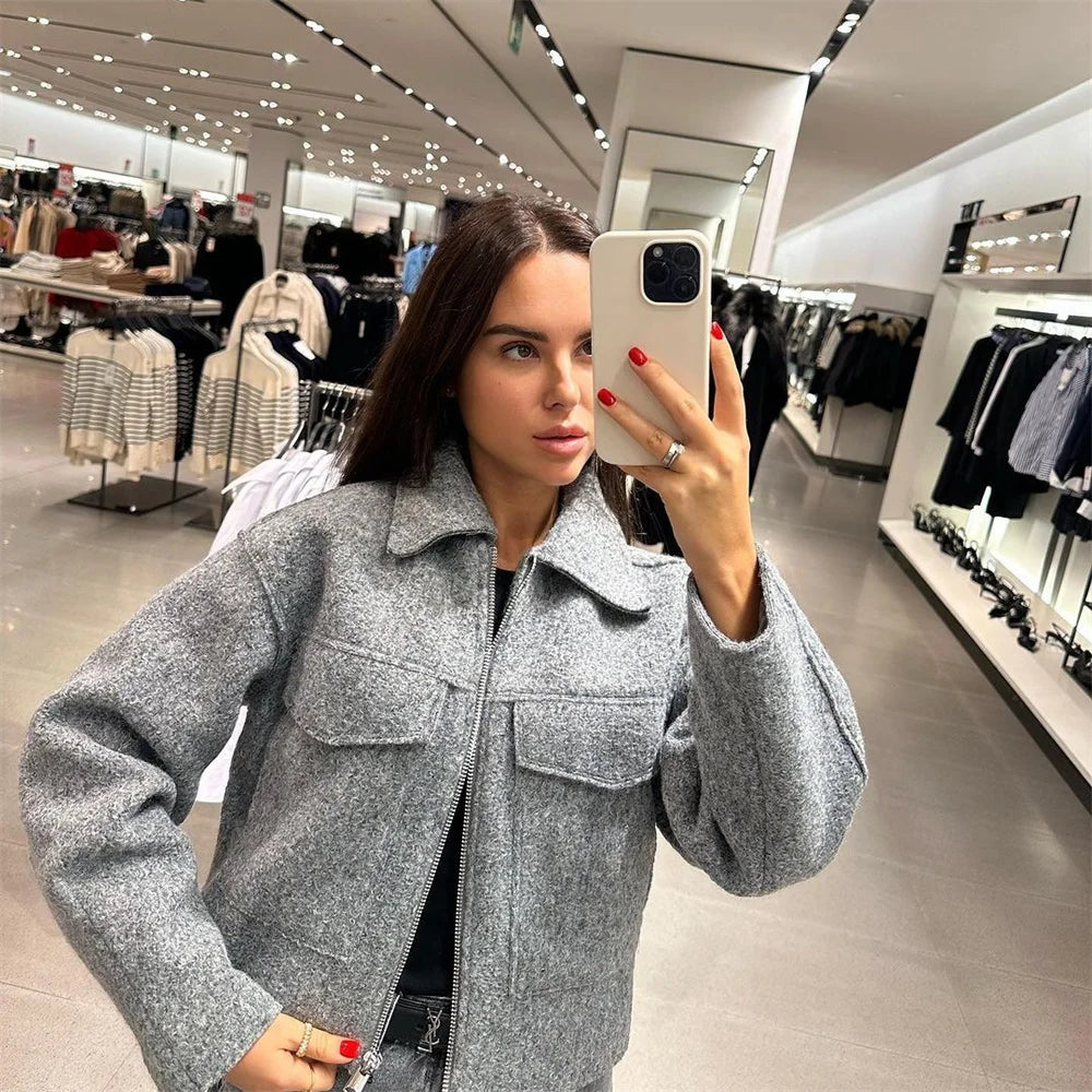 VivaChic Dames Jas met Flip Kraag en Patch Tas