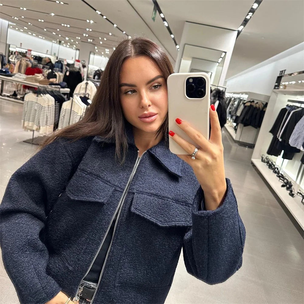 VivaChic Dames Jas met Flip Kraag en Patch Tas