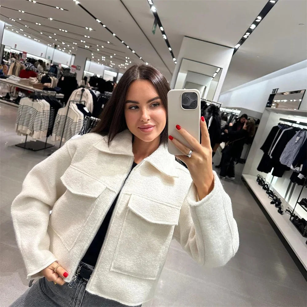 VivaChic Dames Jas met Flip Kraag en Patch Tas