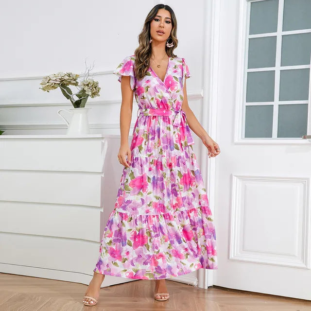 Sommerliches V-Ausschnitt Blumenkleid mit Rüschen
