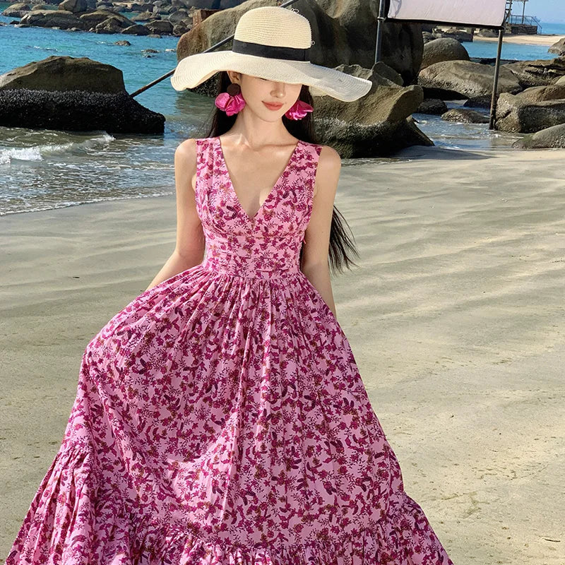 Enchanting Summer Backless Beach Dress with Floral Print