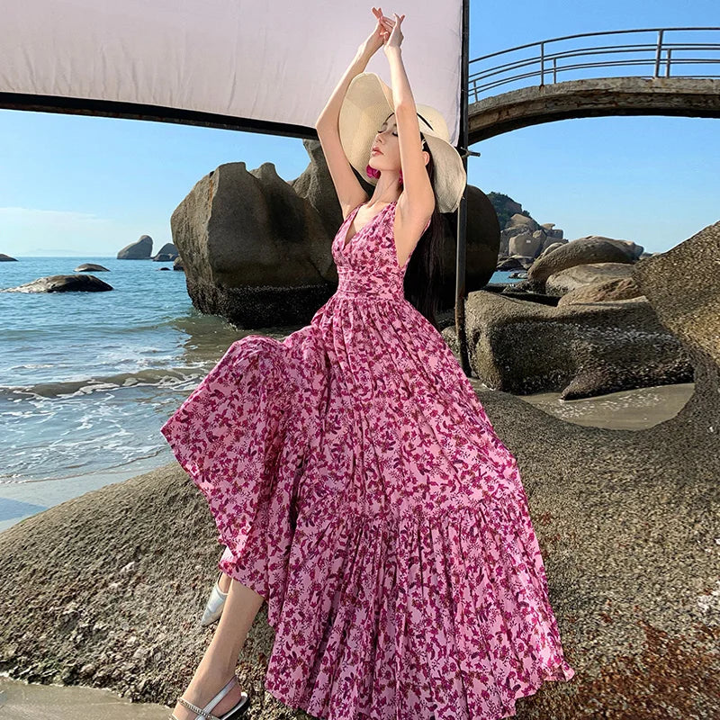 Enchanting Summer Backless Beach Dress with Floral Print