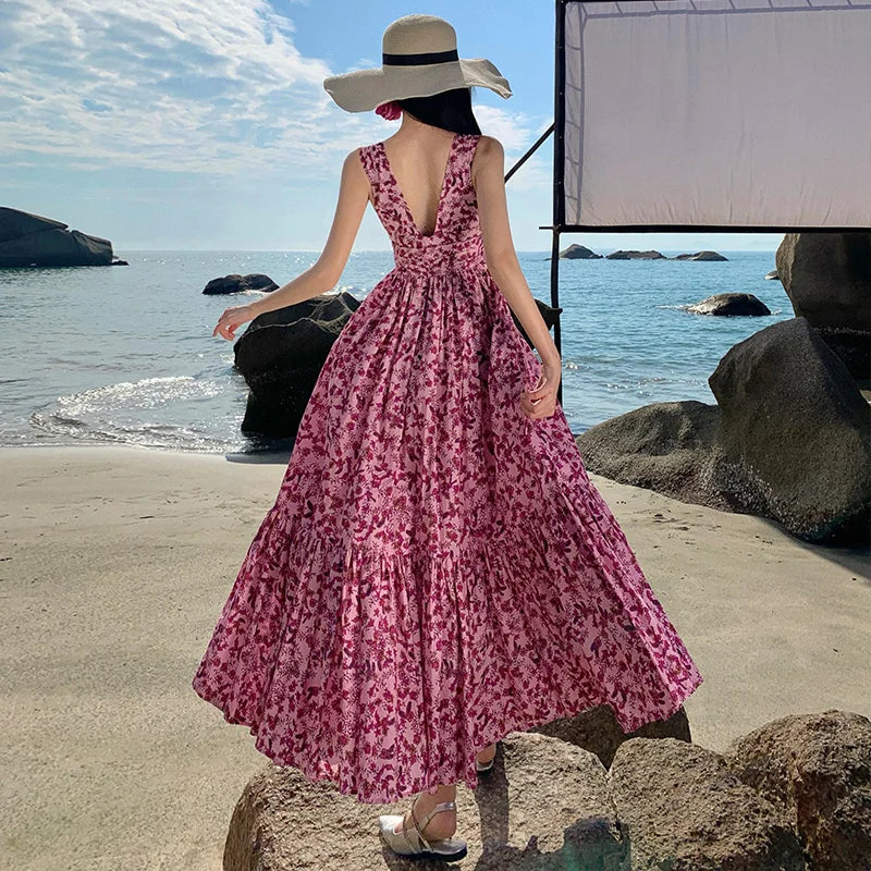 Enchanting Summer Backless Beach Dress with Floral Print